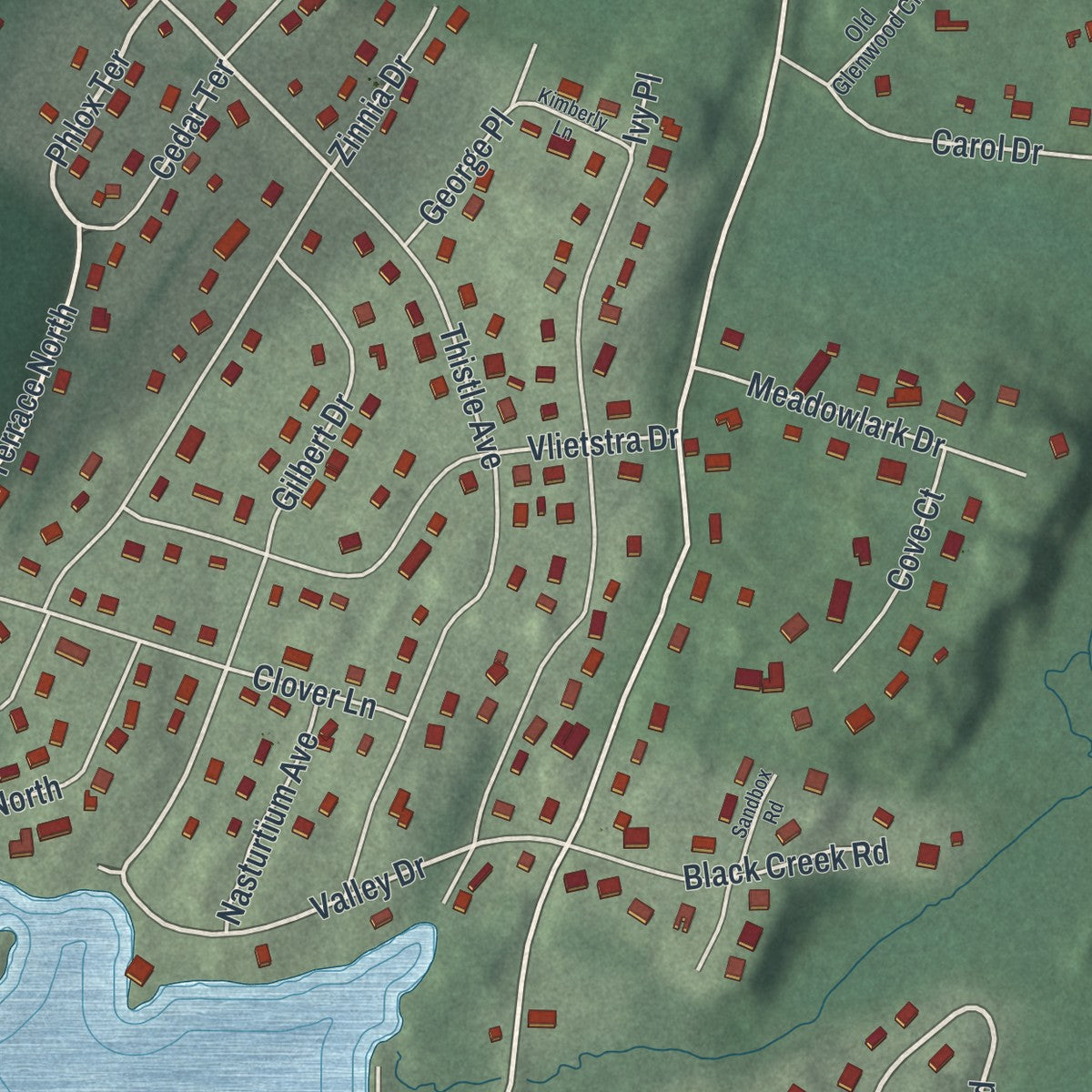 Close-up of the map of Vernon Valley, New Jersey print showing street and building detail