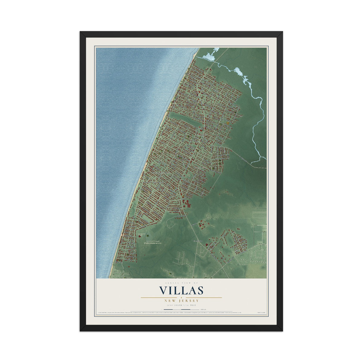 Villas, New Jersey map print, 12" x 18" W/ Black Ayous Wood Frame mockup