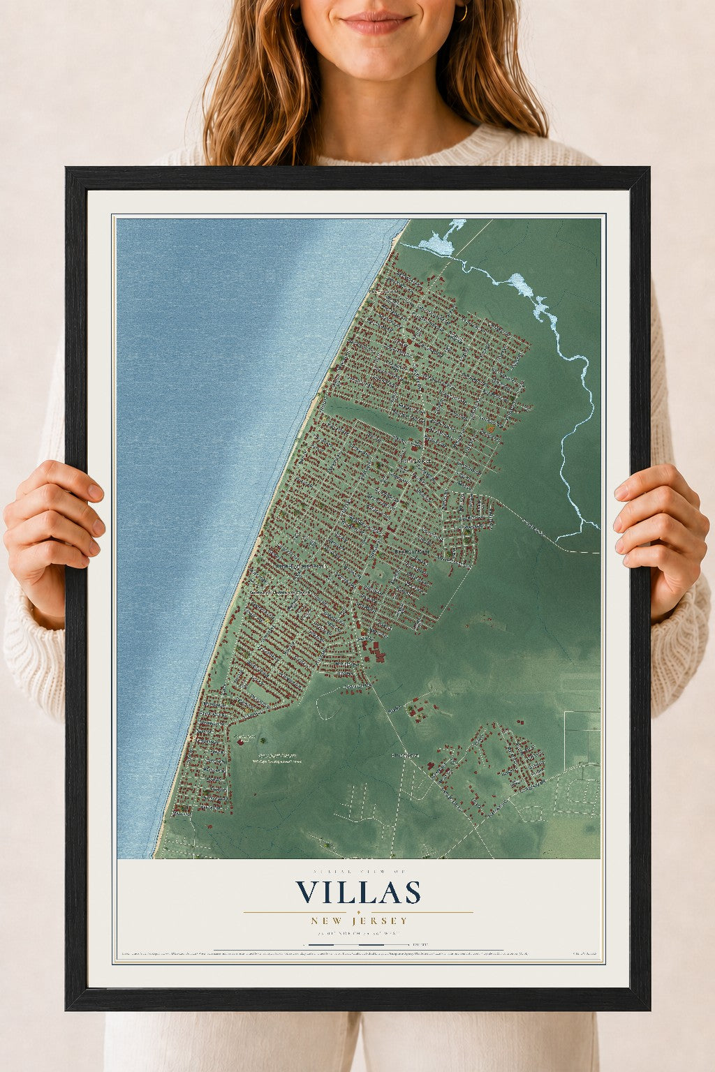 Villas, New Jersey map print, 18" x 24" W/ Black Ayous Wood Frame mockup