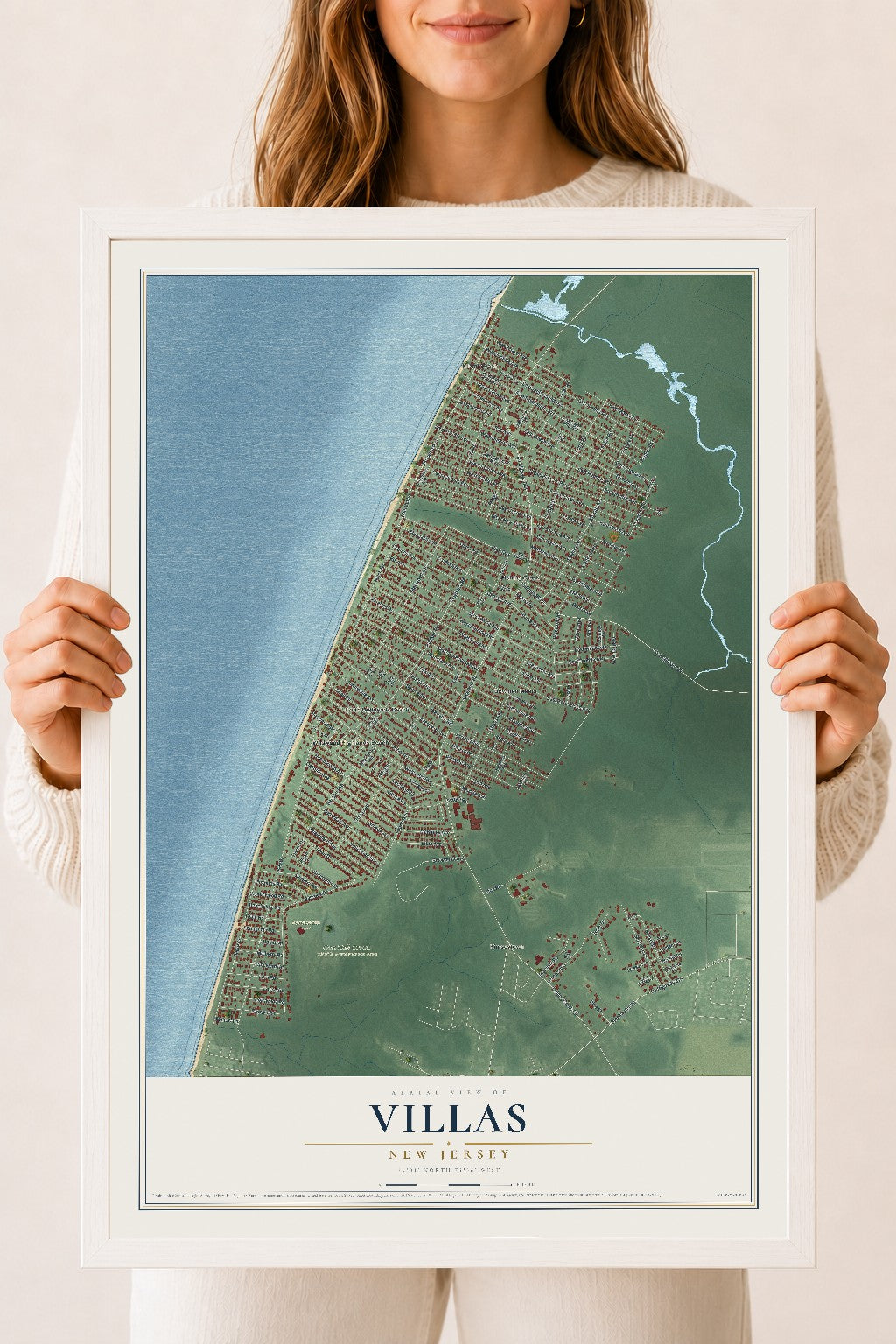 Villas, New Jersey map print, 18" x 24" W/ White Ayous Wood Frame mockup