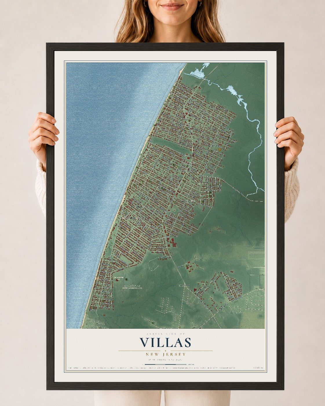 Villas, New Jersey map print, 24" x 36" W/ Black Ayous Wood Frame mockup