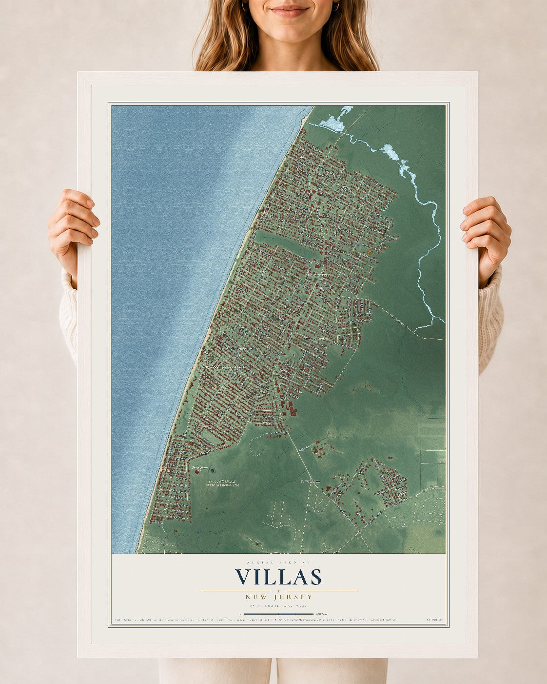 Villas, New Jersey map print, 24" x 36" W/ White Ayous Wood Frame mockup