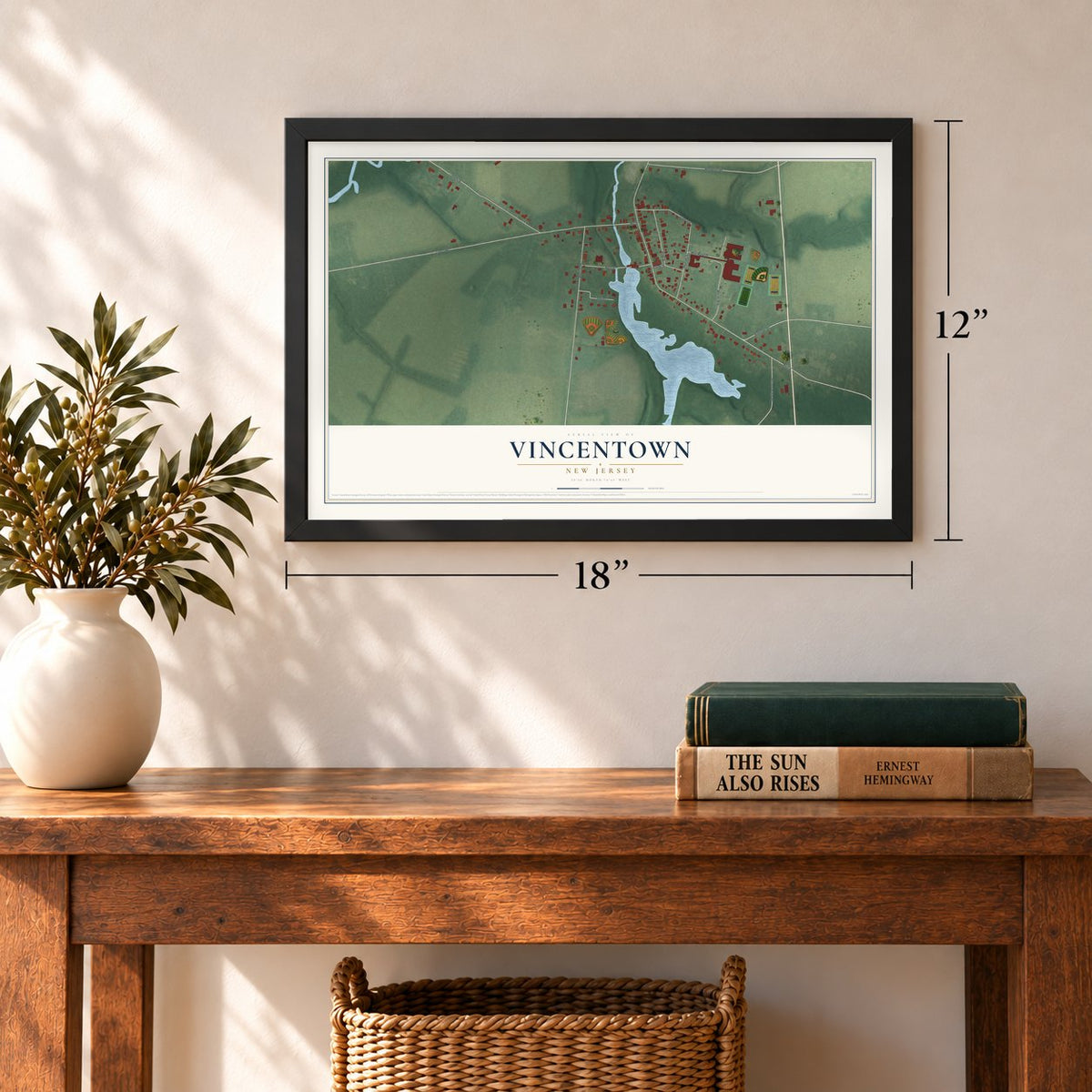 Vincentown, New Jersey map, 12 x 18 inch print in a black frame in an entryway