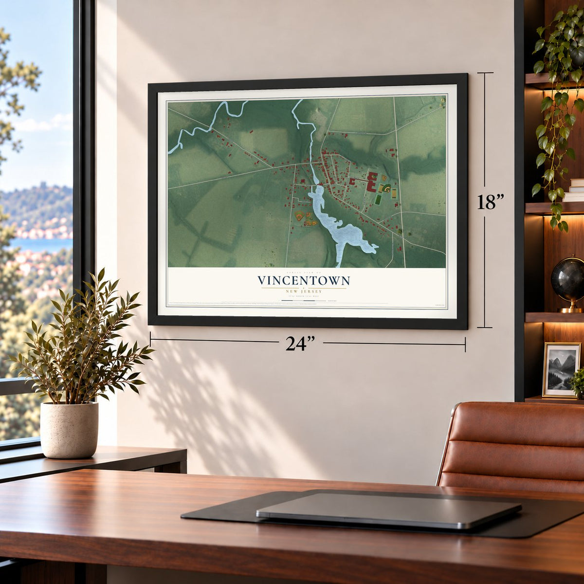 Vincentown, New Jersey map, 18 x 24 inch print in a black frame in a home office