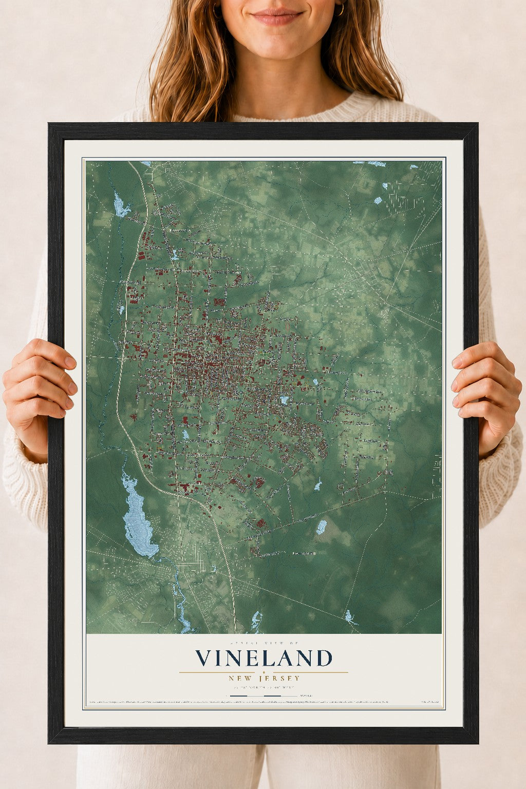 Vineland, New Jersey map print, 18" x 24" W/ Black Ayous Wood Frame mockup