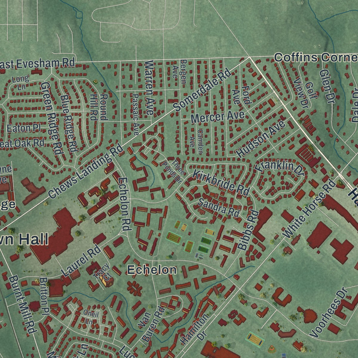 Close-up 1 of the Voorhees, New Jersey map artwork