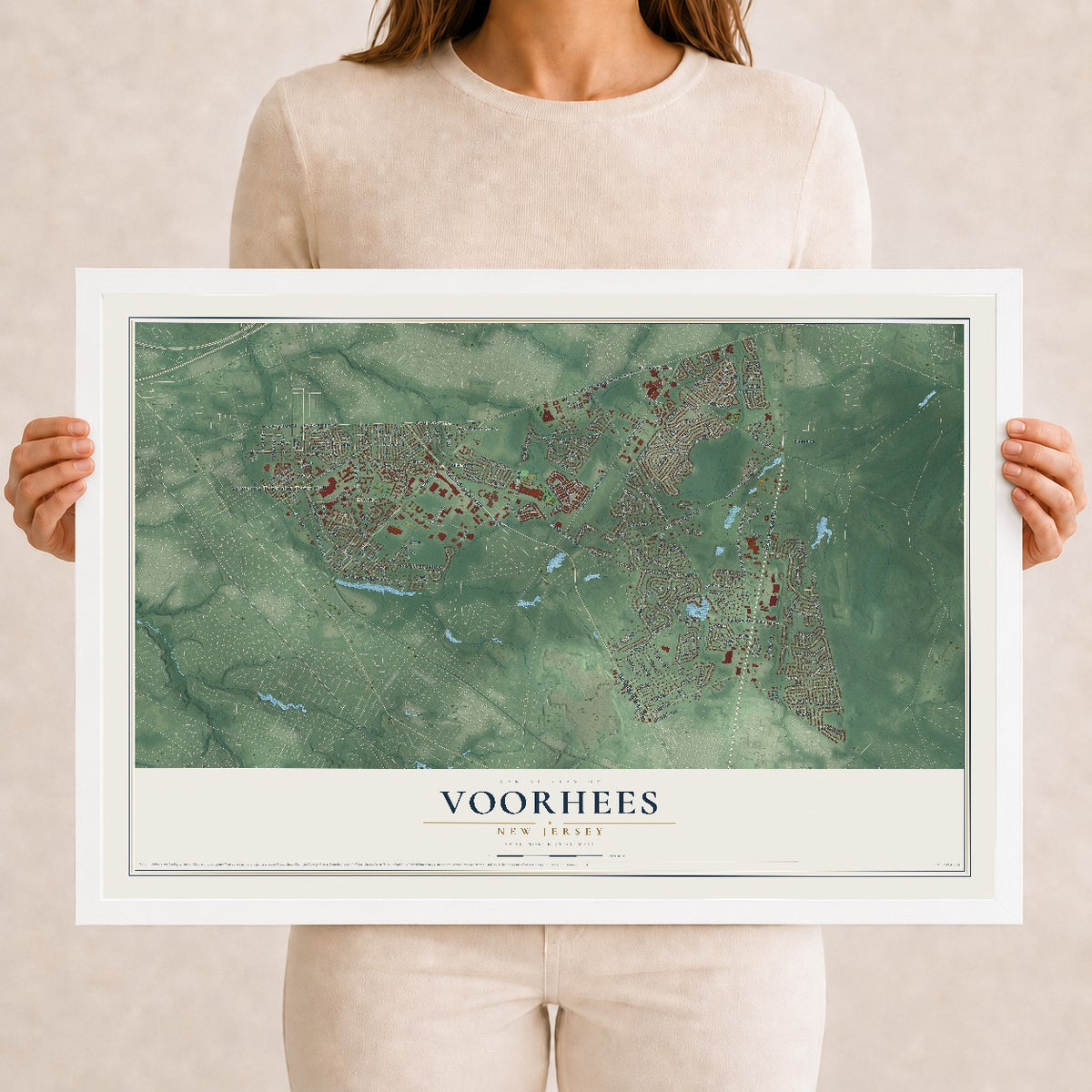 Voorhees, New Jersey map print, 12" x 18" W/ White Ayous Wood Frame mockup