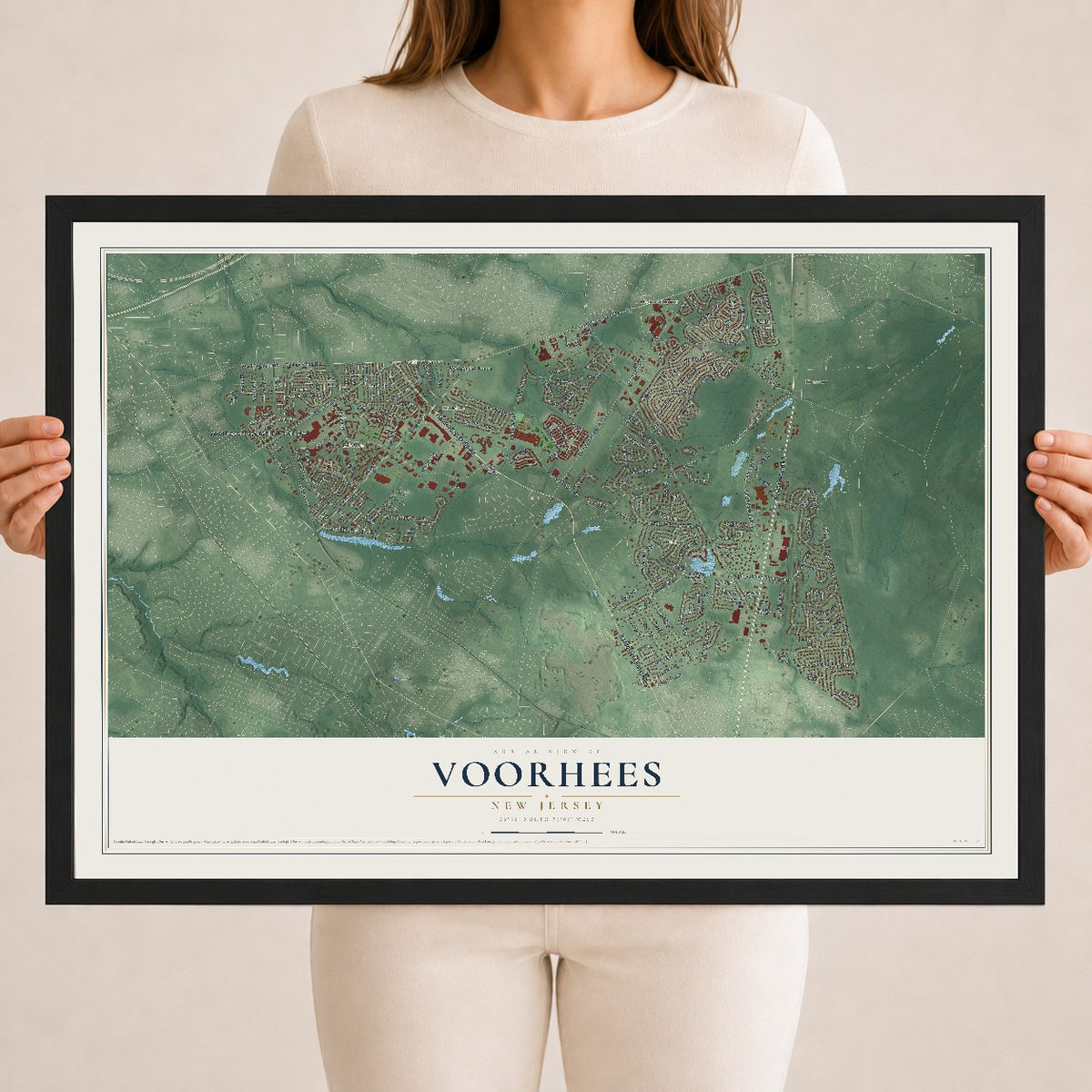 Voorhees, New Jersey map print, 18" x 24" W/ Black Ayous Wood Frame mockup