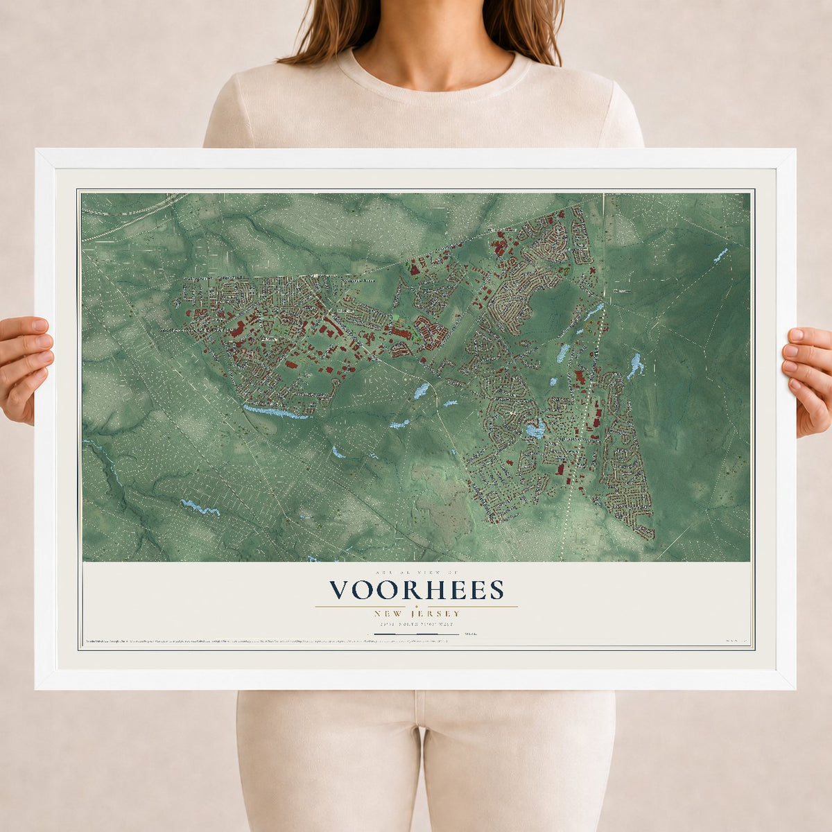 Voorhees, New Jersey map print, 18" x 24" W/ White Ayous Wood Frame mockup