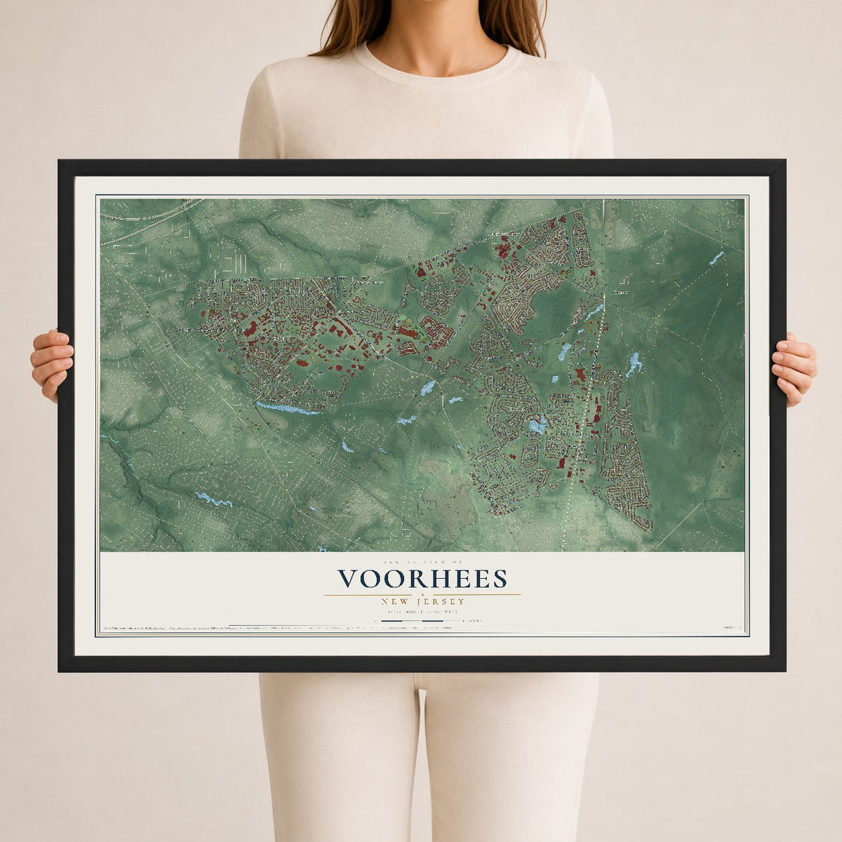 Voorhees, New Jersey map print, 24" x 36" W/ Black Ayous Wood Frame mockup