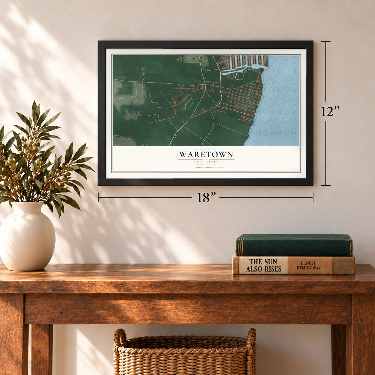 Waretown, New Jersey map, 12 x 18 inch print in a black frame in an entryway