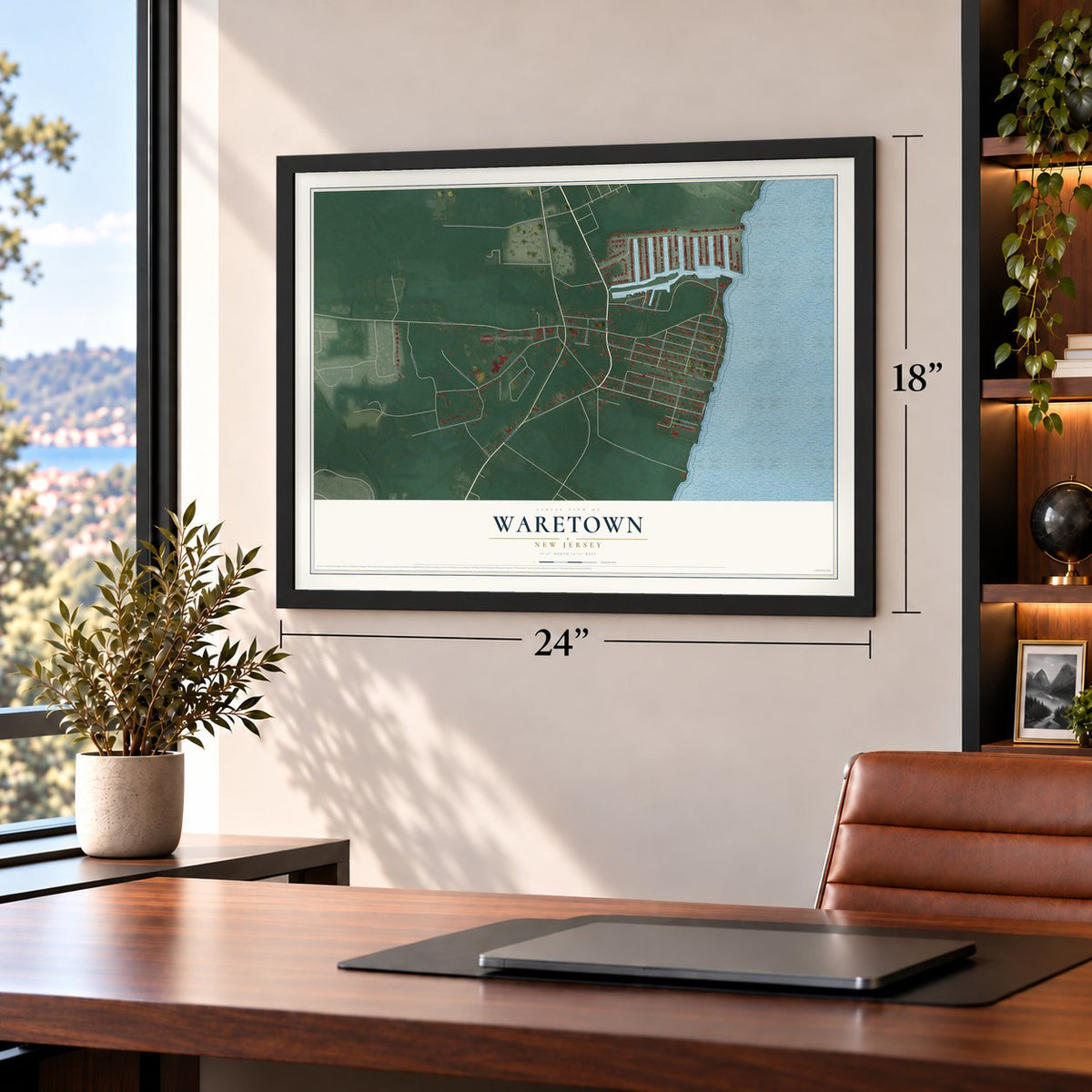 Waretown, New Jersey map, 18 x 24 inch print in a black frame in a home office
