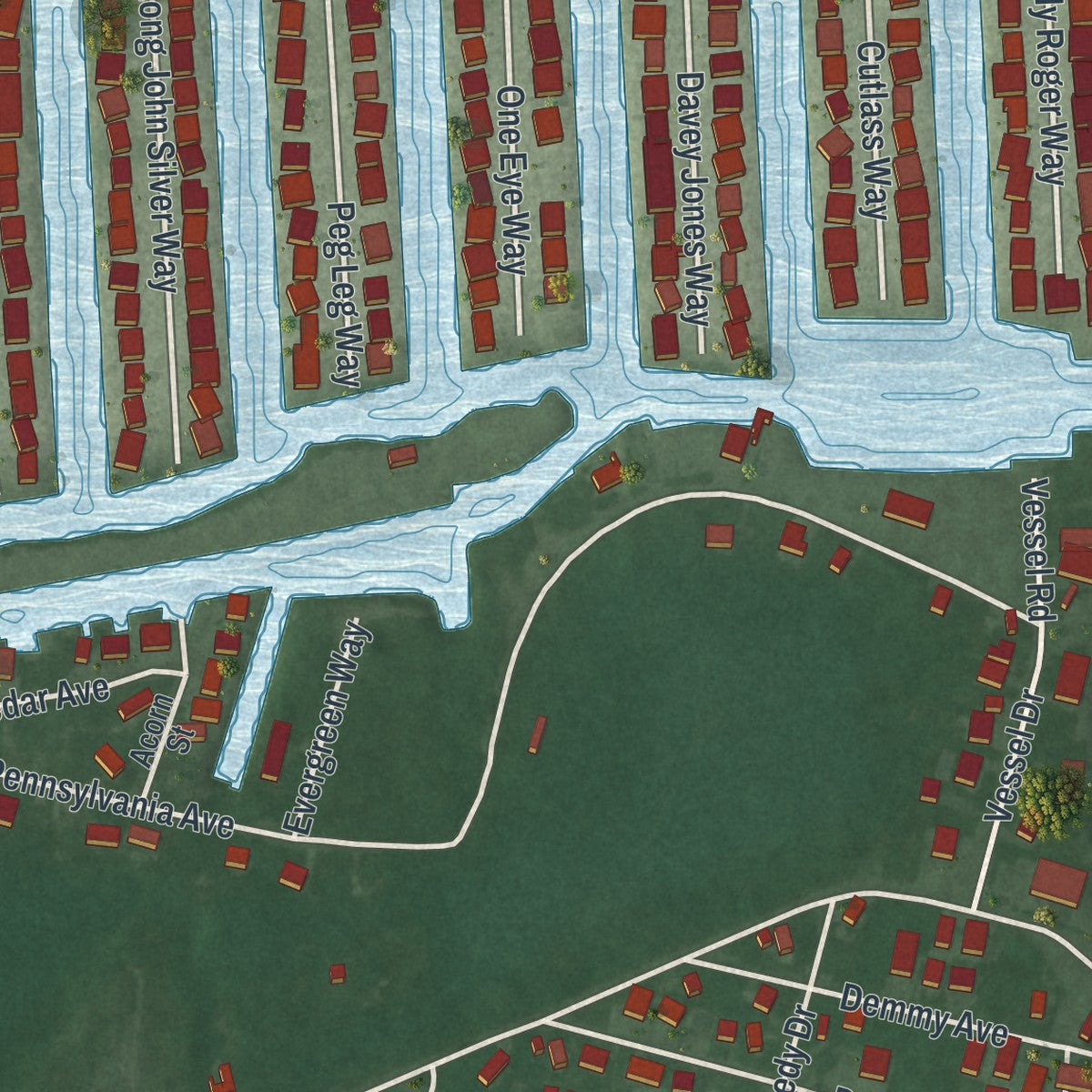 Close-up of the map of Waretown, New Jersey print showing street and building detail
