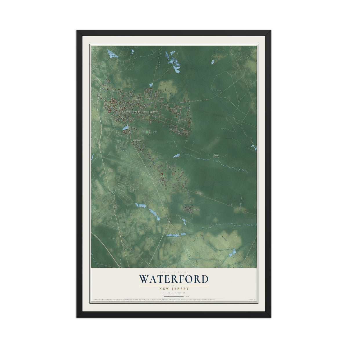 Waterford, New Jersey map print, 12" x 18" W/ Black Ayous Wood Frame mockup