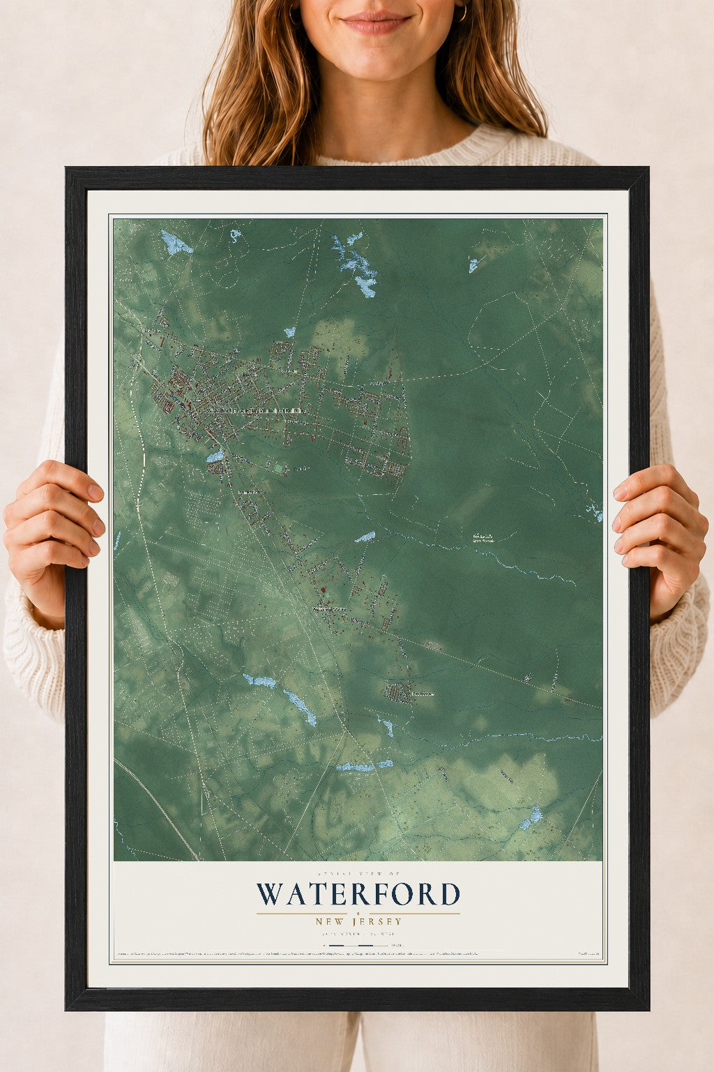 Waterford, New Jersey map print, 18" x 24" W/ Black Ayous Wood Frame mockup