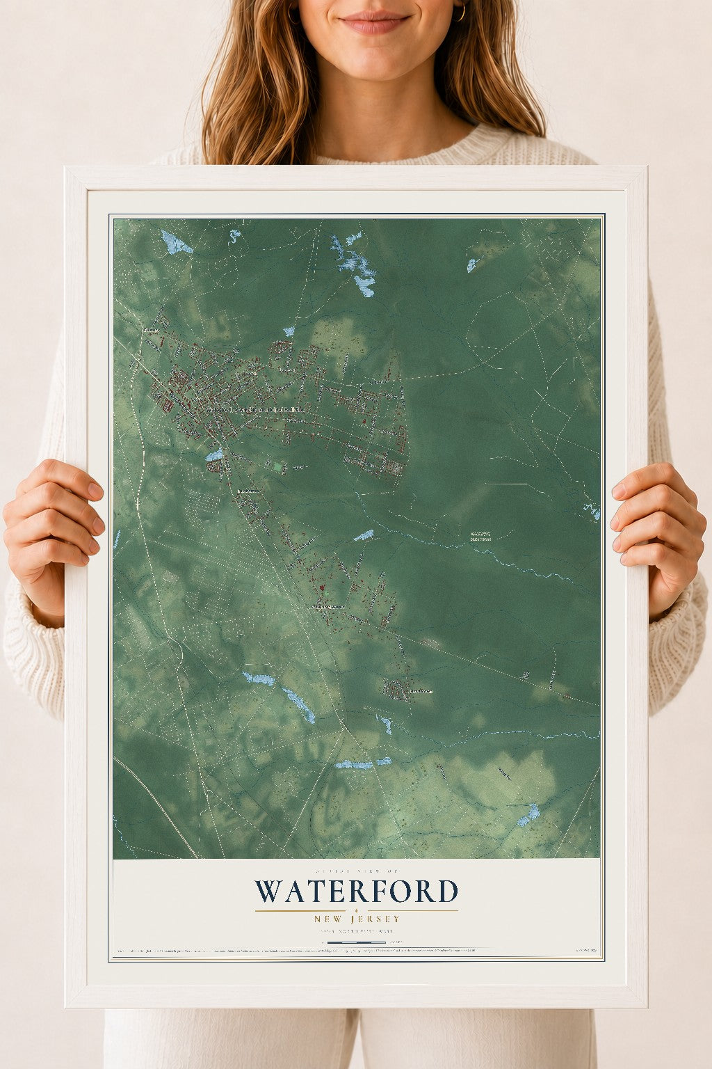 Waterford, New Jersey map print, 18" x 24" W/ White Ayous Wood Frame mockup