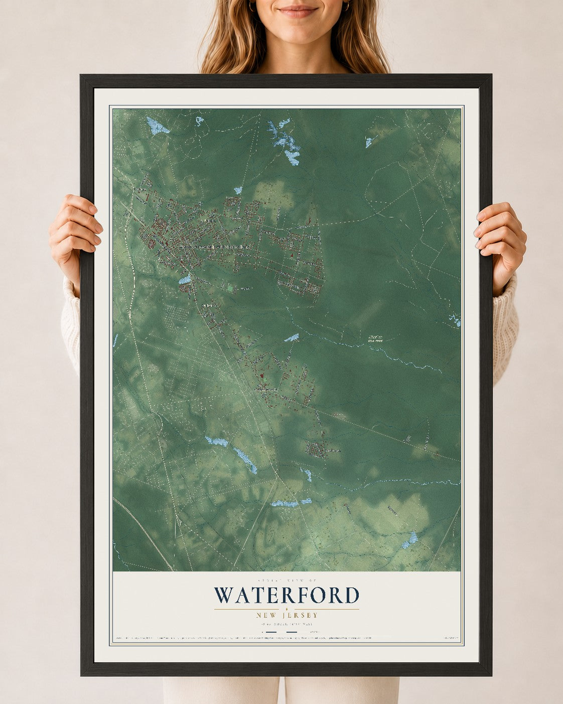 Waterford, New Jersey map print, 24" x 36" W/ Black Ayous Wood Frame mockup