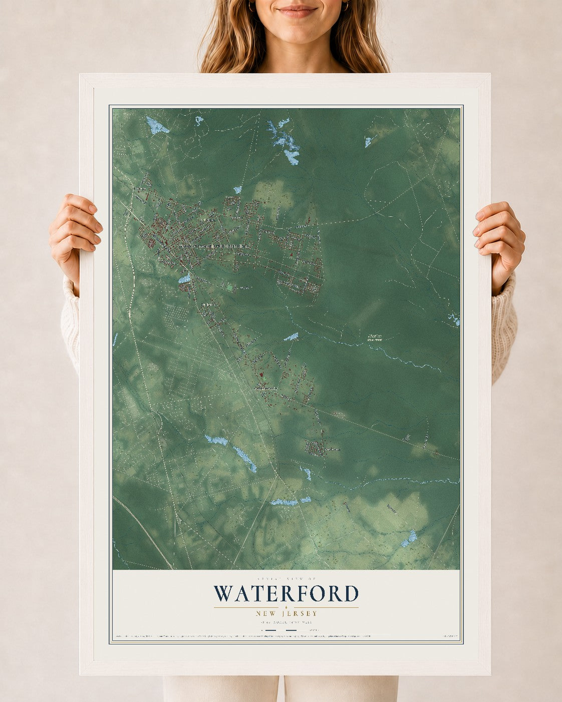 Waterford, New Jersey map print, 24" x 36" W/ White Ayous Wood Frame mockup