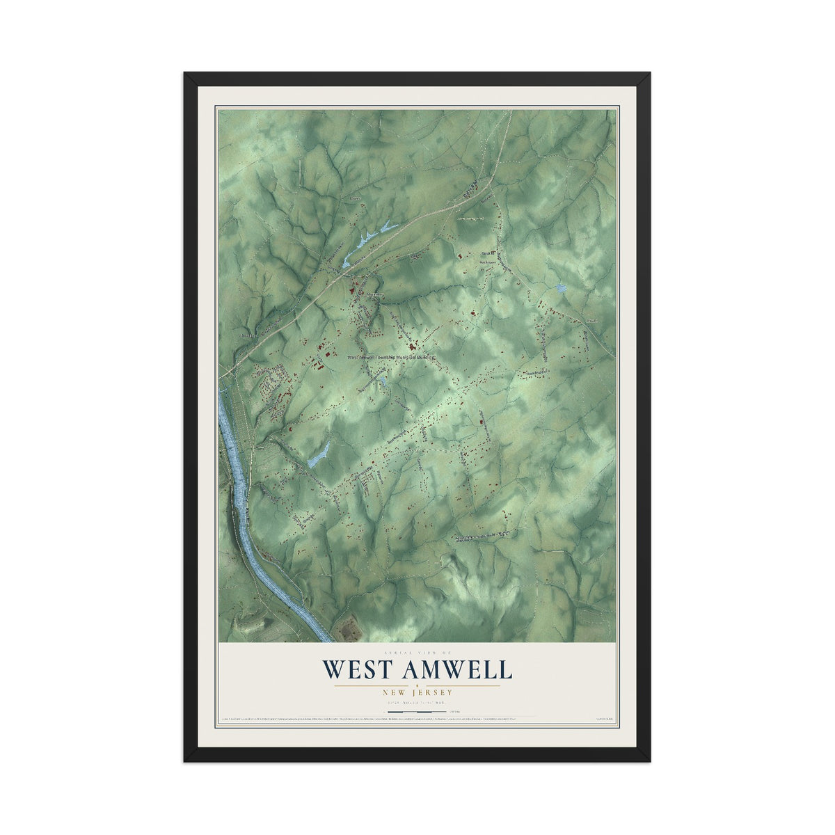 West Amwell, New Jersey map print, 12" x 18" W/ Black Ayous Wood Frame mockup