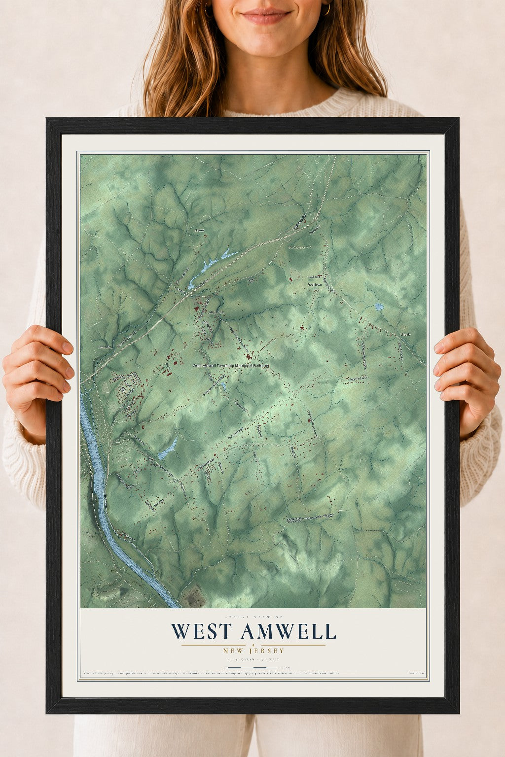 West Amwell, New Jersey map print, 18" x 24" W/ Black Ayous Wood Frame mockup