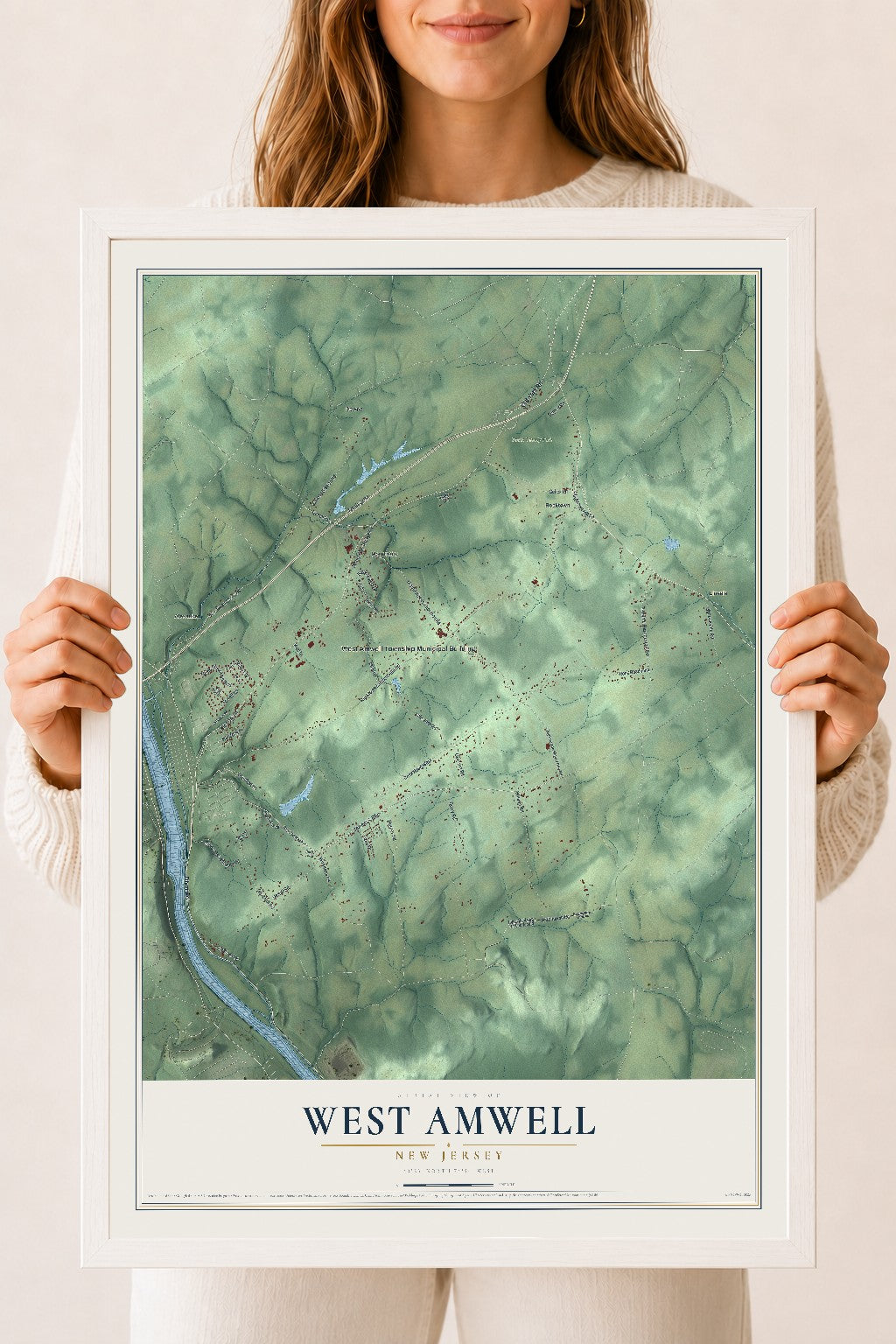 West Amwell, New Jersey map print, 18" x 24" W/ White Ayous Wood Frame mockup