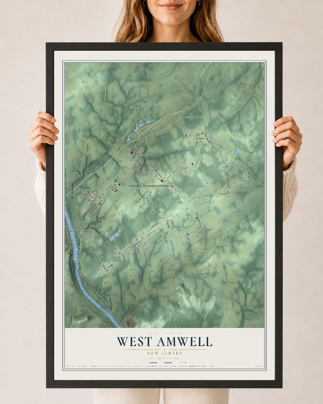 West Amwell, New Jersey map print, 24" x 36" W/ Black Ayous Wood Frame mockup