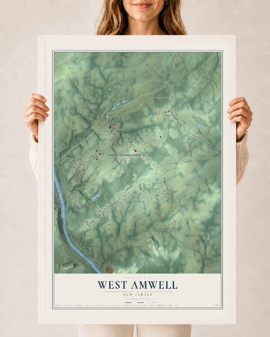 West Amwell, New Jersey map print, 24" x 36" W/ White Ayous Wood Frame mockup