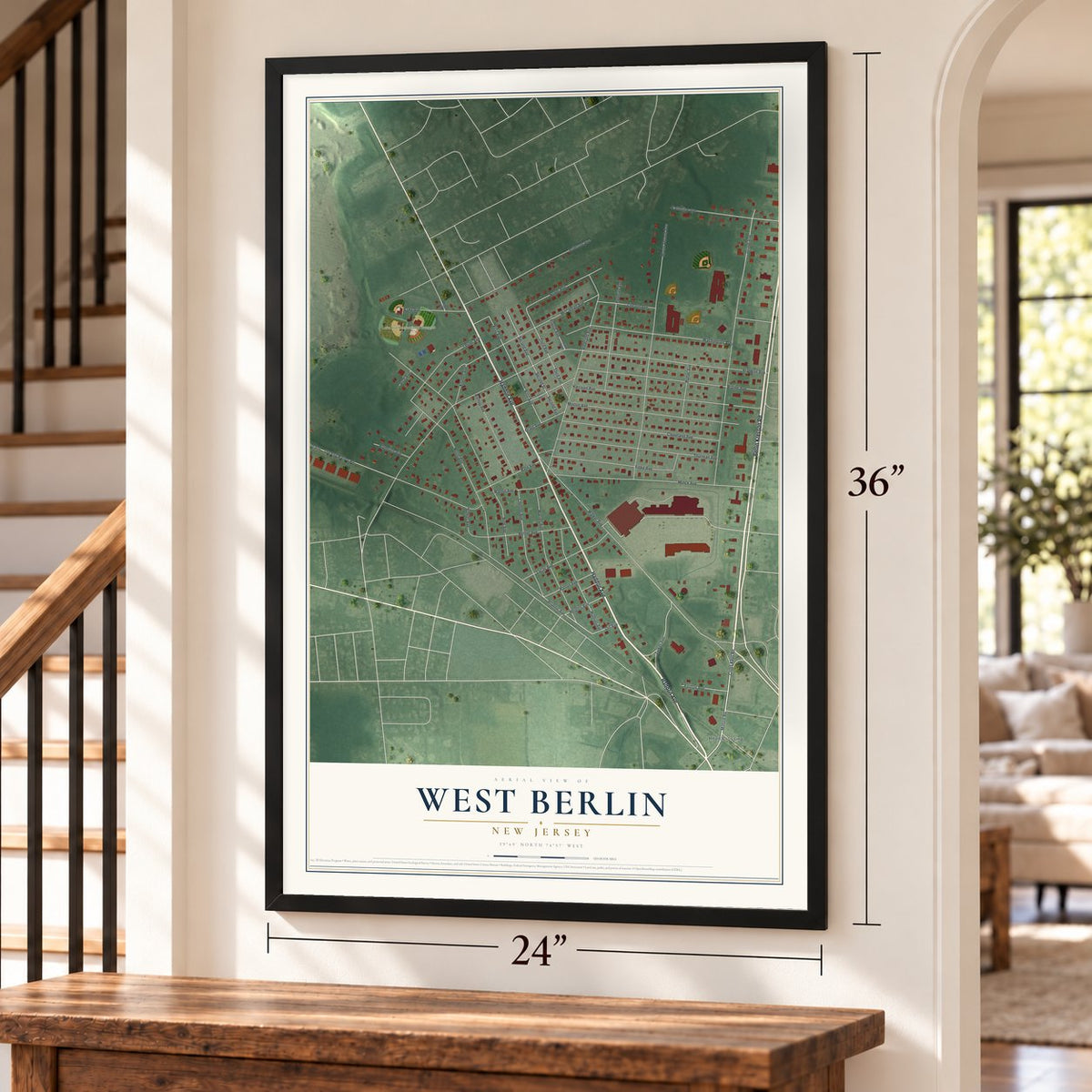 West Berlin, New Jersey map, 24 x 36 inch print in a black frame by a staircase