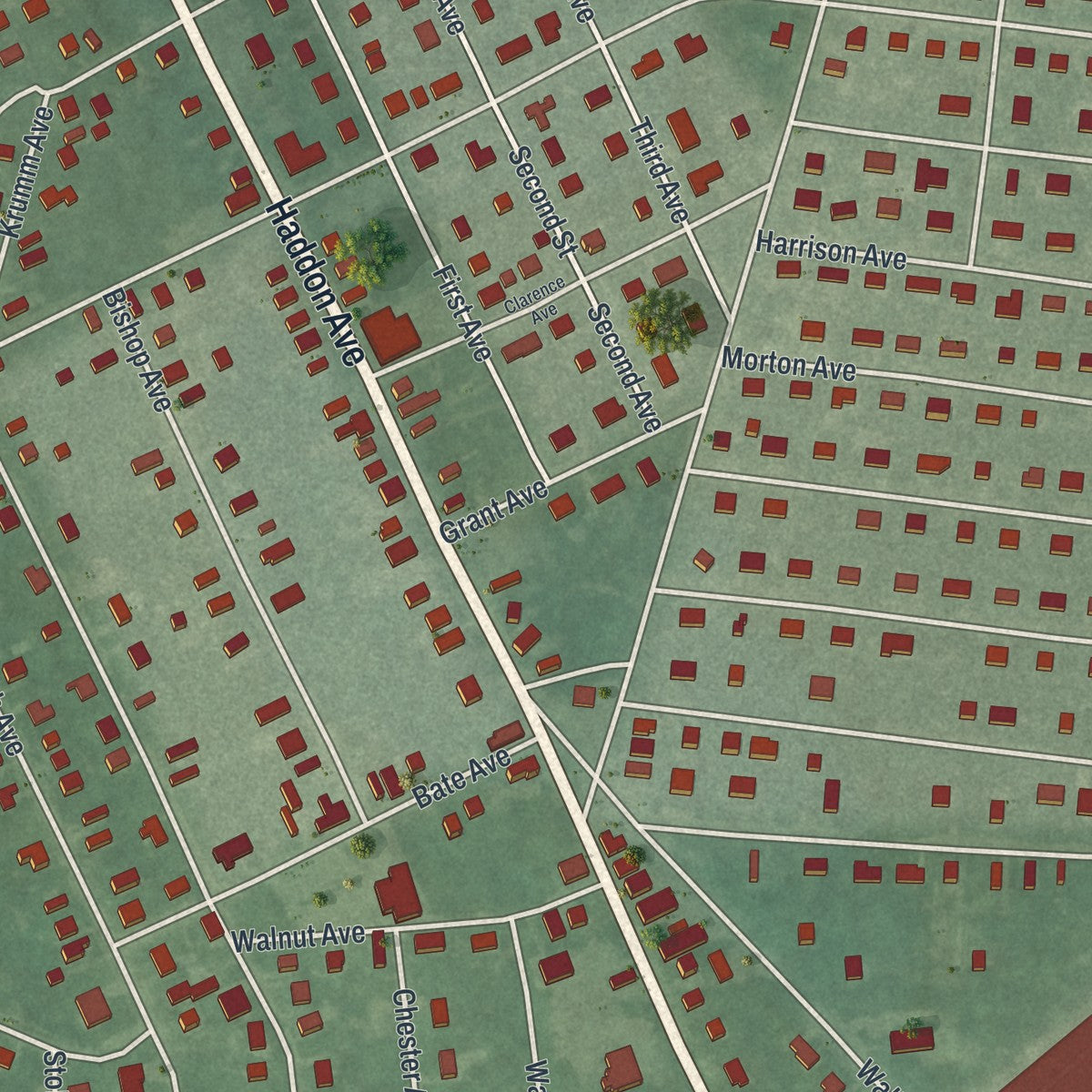 Close-up of the map of West Berlin, New Jersey print showing street and building detail