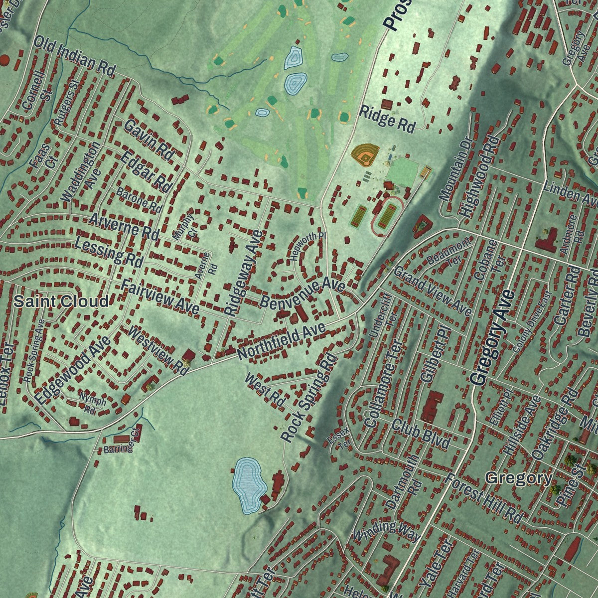 Close-up 2 of the West Orange, New Jersey map artwork