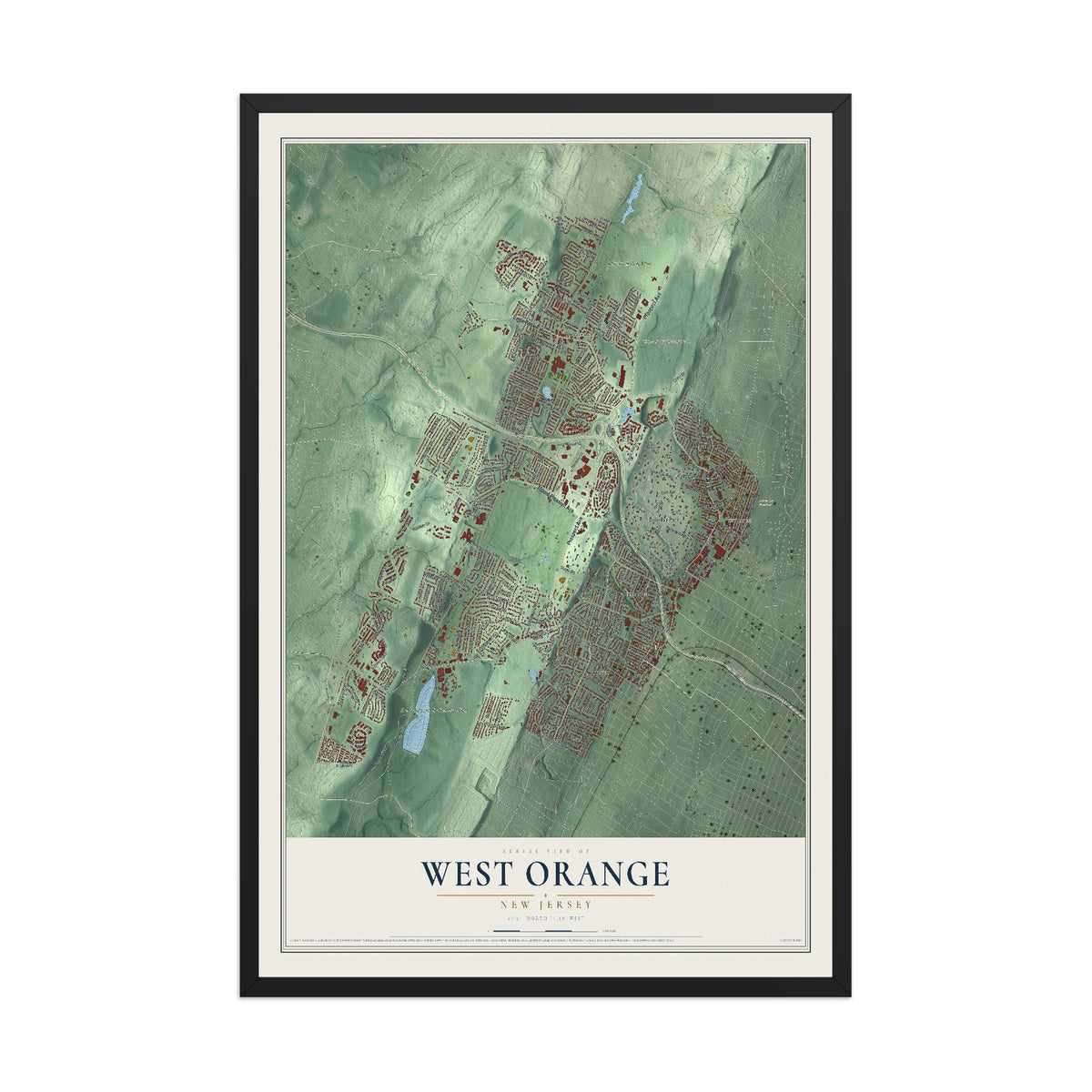 West Orange, New Jersey map print, 12" x 18" W/ Black Ayous Wood Frame mockup