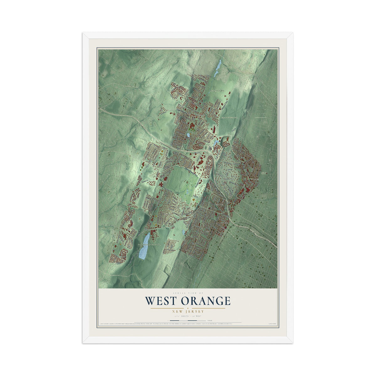 West Orange, New Jersey map print, 12" x 18" W/ White Ayous Wood Frame mockup