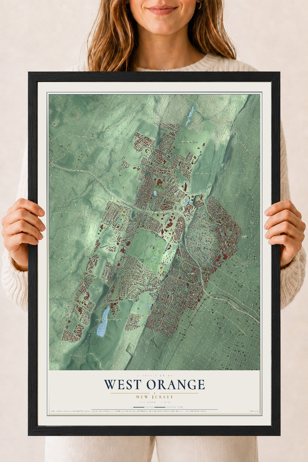 West Orange, New Jersey map print, 18" x 24" W/ Black Ayous Wood Frame mockup
