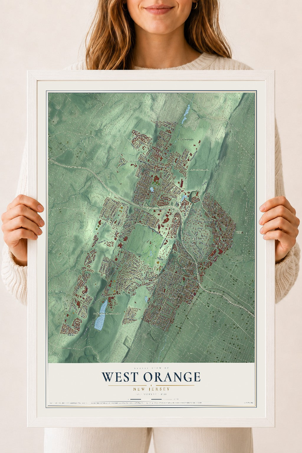 West Orange, New Jersey map print, 18" x 24" W/ White Ayous Wood Frame mockup