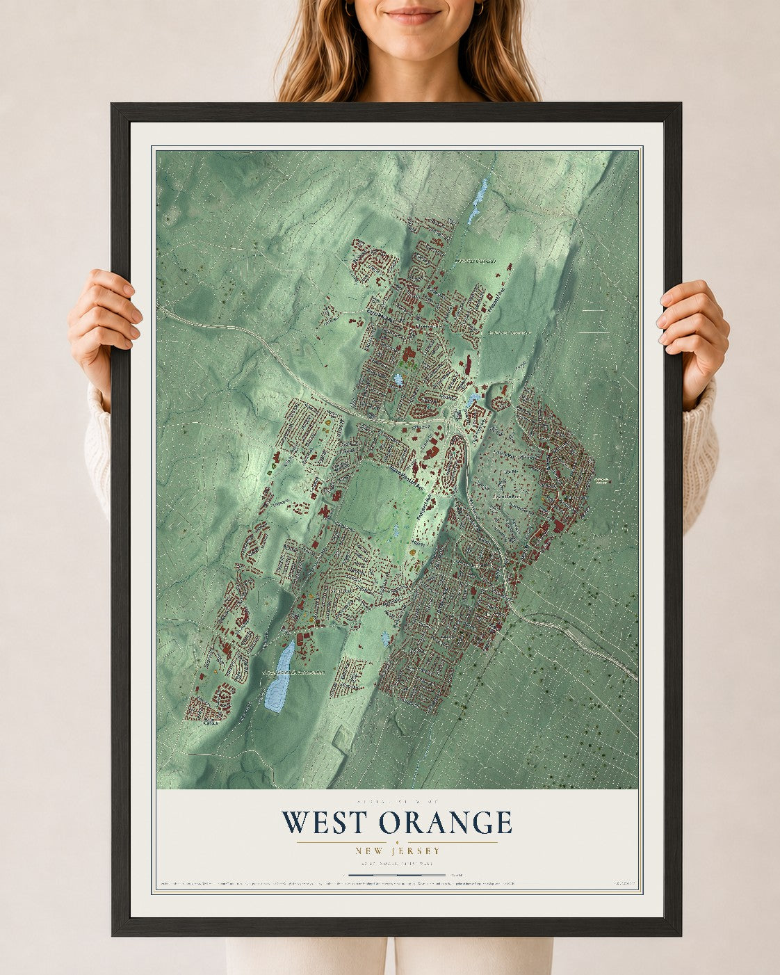 West Orange, New Jersey map print, 24" x 36" W/ Black Ayous Wood Frame mockup