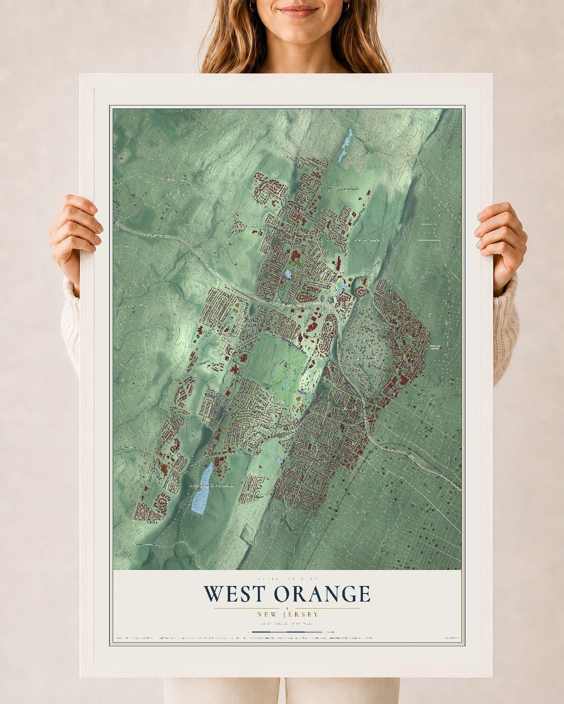 West Orange, New Jersey map print, 24" x 36" W/ White Ayous Wood Frame mockup