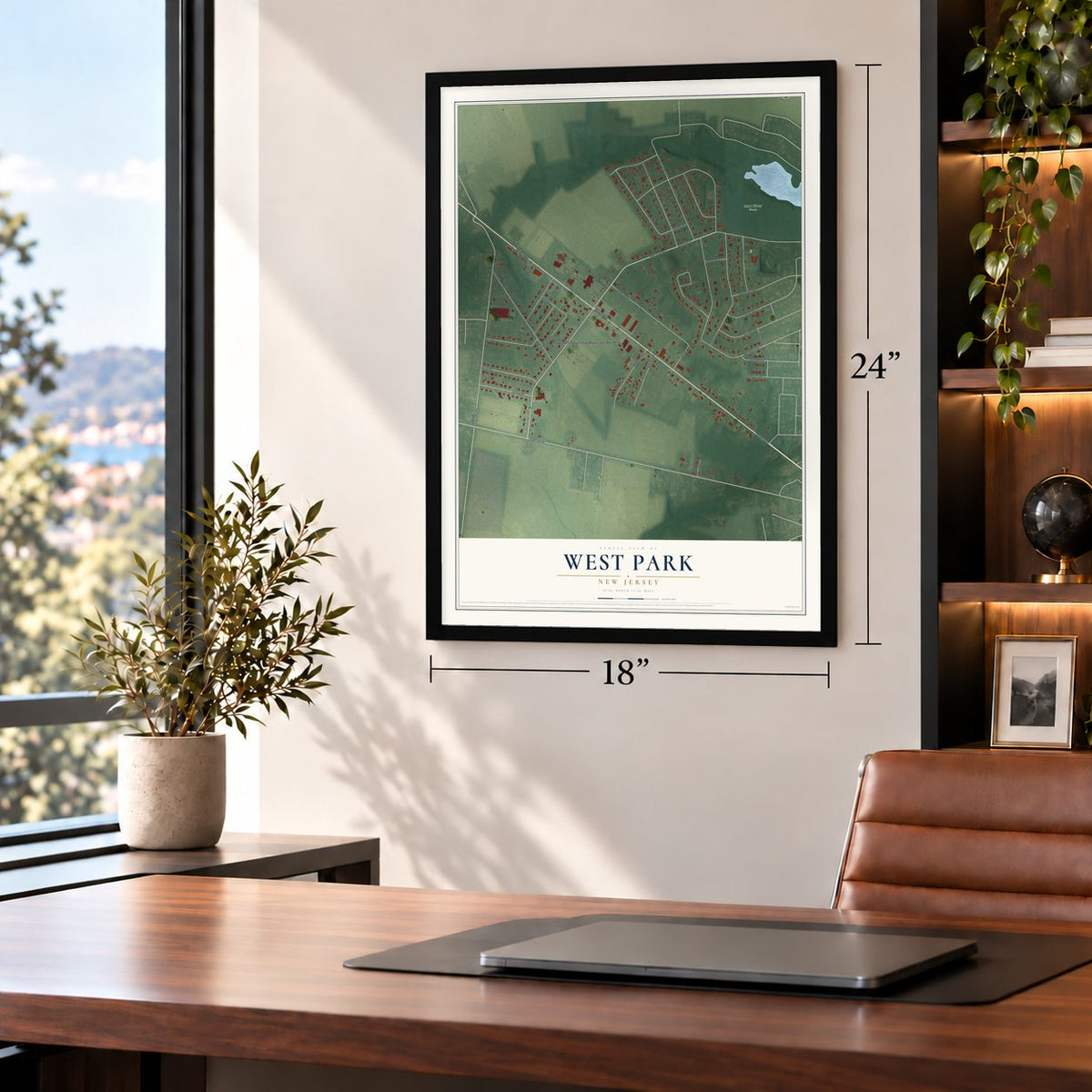 West Park, New Jersey map, 18 x 24 inch print in a black frame in a home office