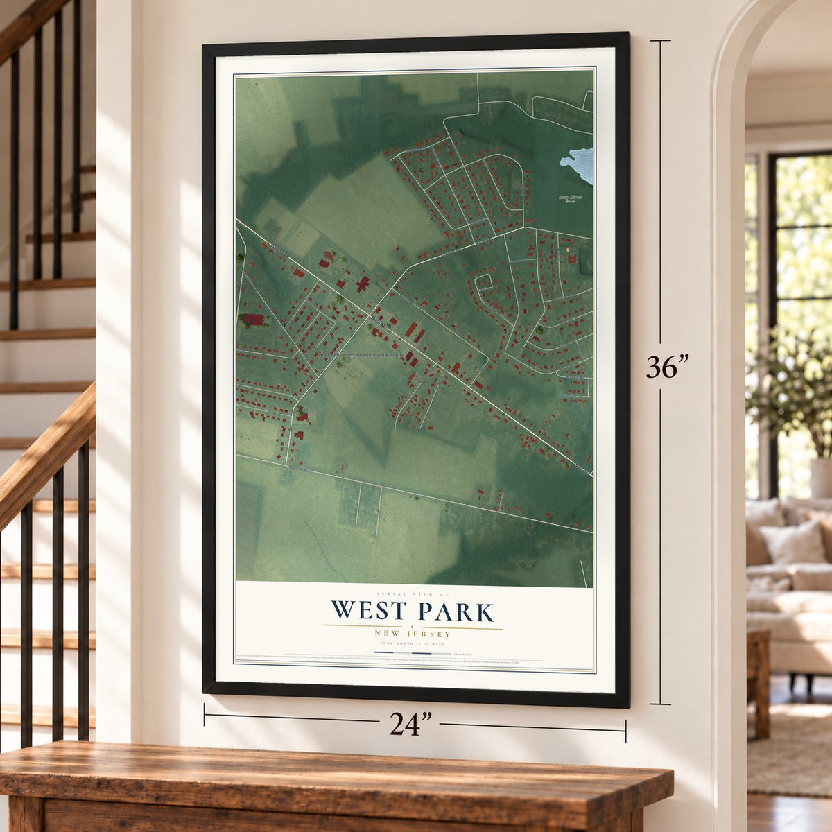 West Park, New Jersey map, 24 x 36 inch print in a black frame by a staircase