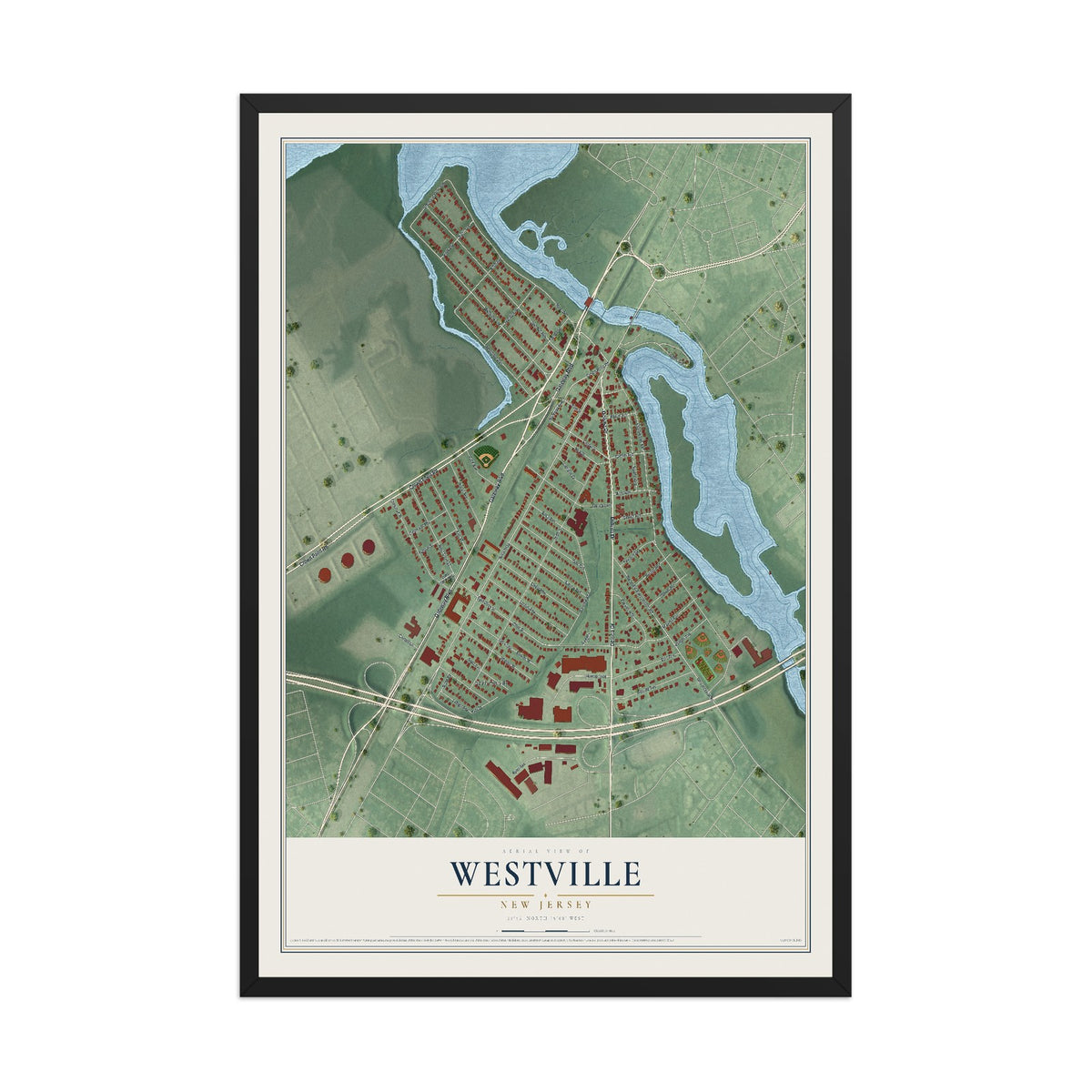 Westville, New Jersey map print, 12" x 18" W/ Black Ayous Wood Frame mockup