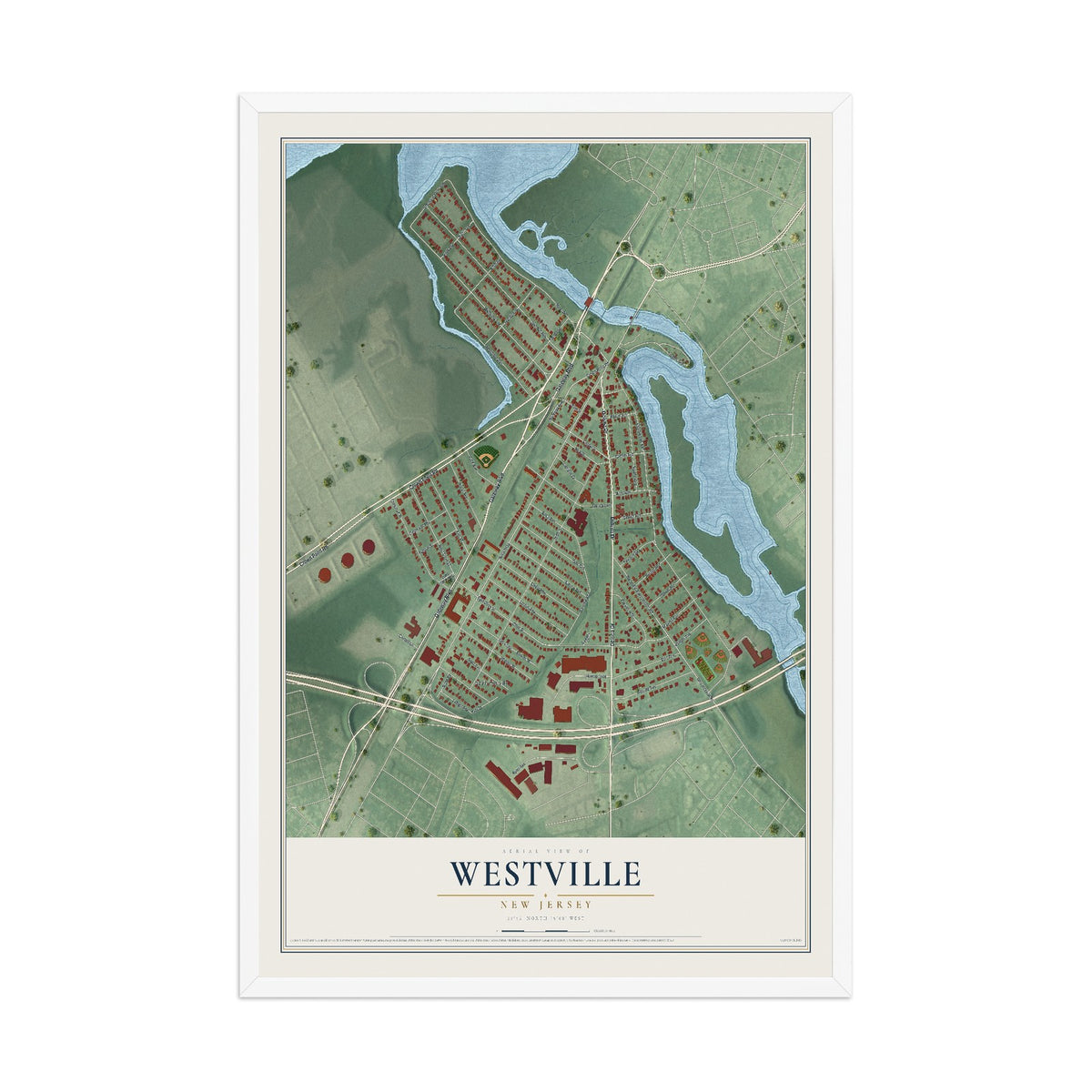 Westville, New Jersey map print, 12" x 18" W/ White Ayous Wood Frame mockup