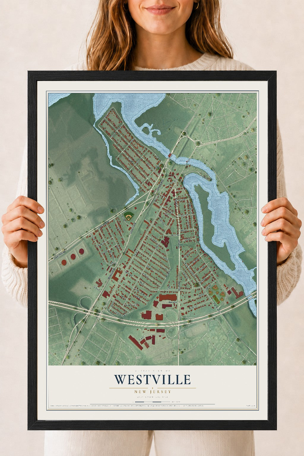 Westville, New Jersey map print, 18" x 24" W/ Black Ayous Wood Frame mockup
