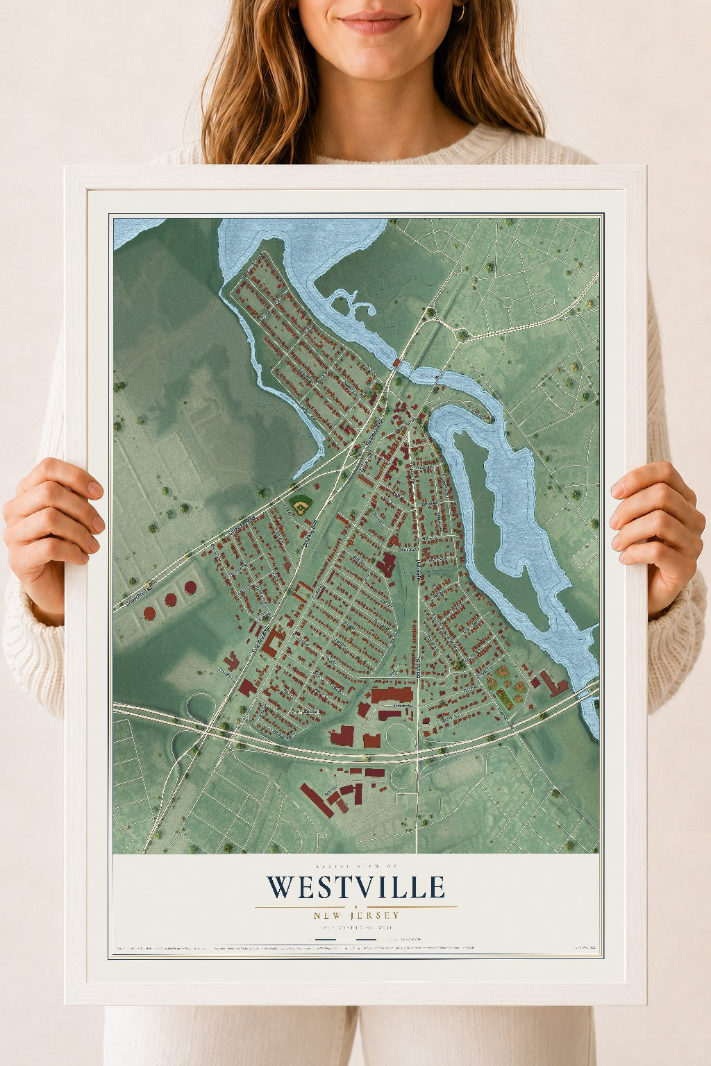 Westville, New Jersey map print, 18" x 24" W/ White Ayous Wood Frame mockup