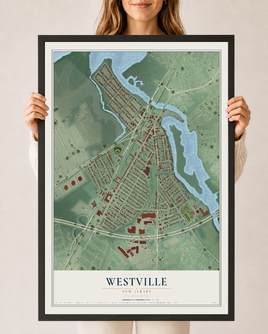 Westville, New Jersey map print, 24" x 36" W/ Black Ayous Wood Frame mockup