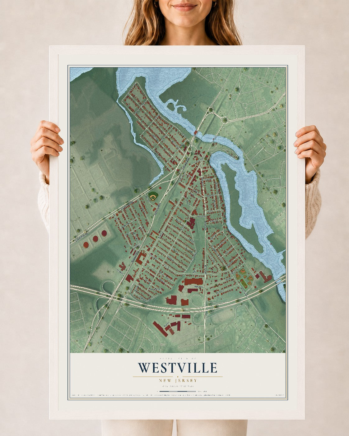 Westville, New Jersey map print, 24" x 36" W/ White Ayous Wood Frame mockup