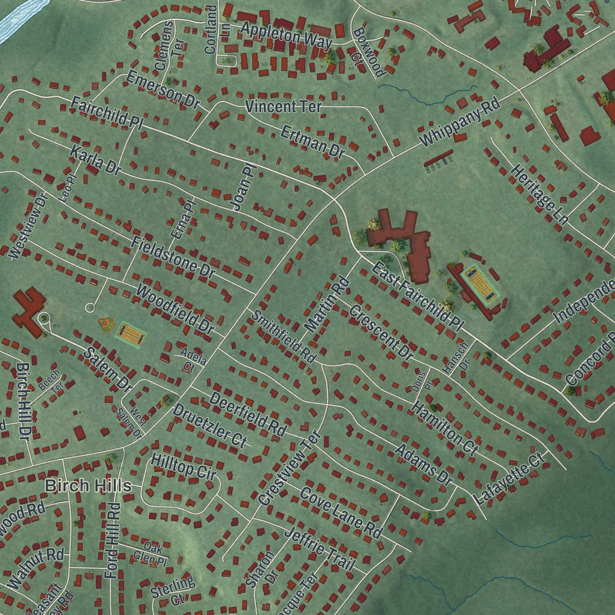 Close-up 1 of the Whippany, New Jersey map artwork