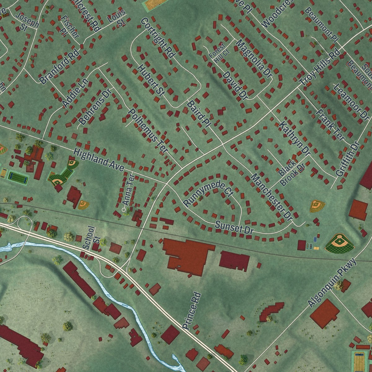 Close-up 2 of the Whippany, New Jersey map artwork