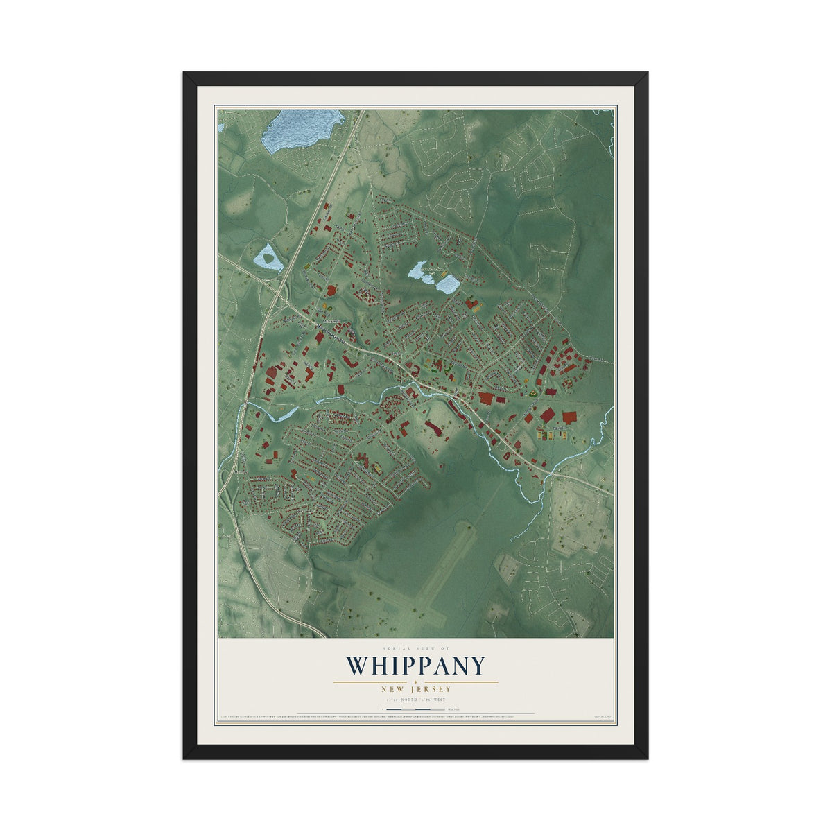 Whippany, New Jersey map print, 12" x 18" W/ Black Ayous Wood Frame mockup