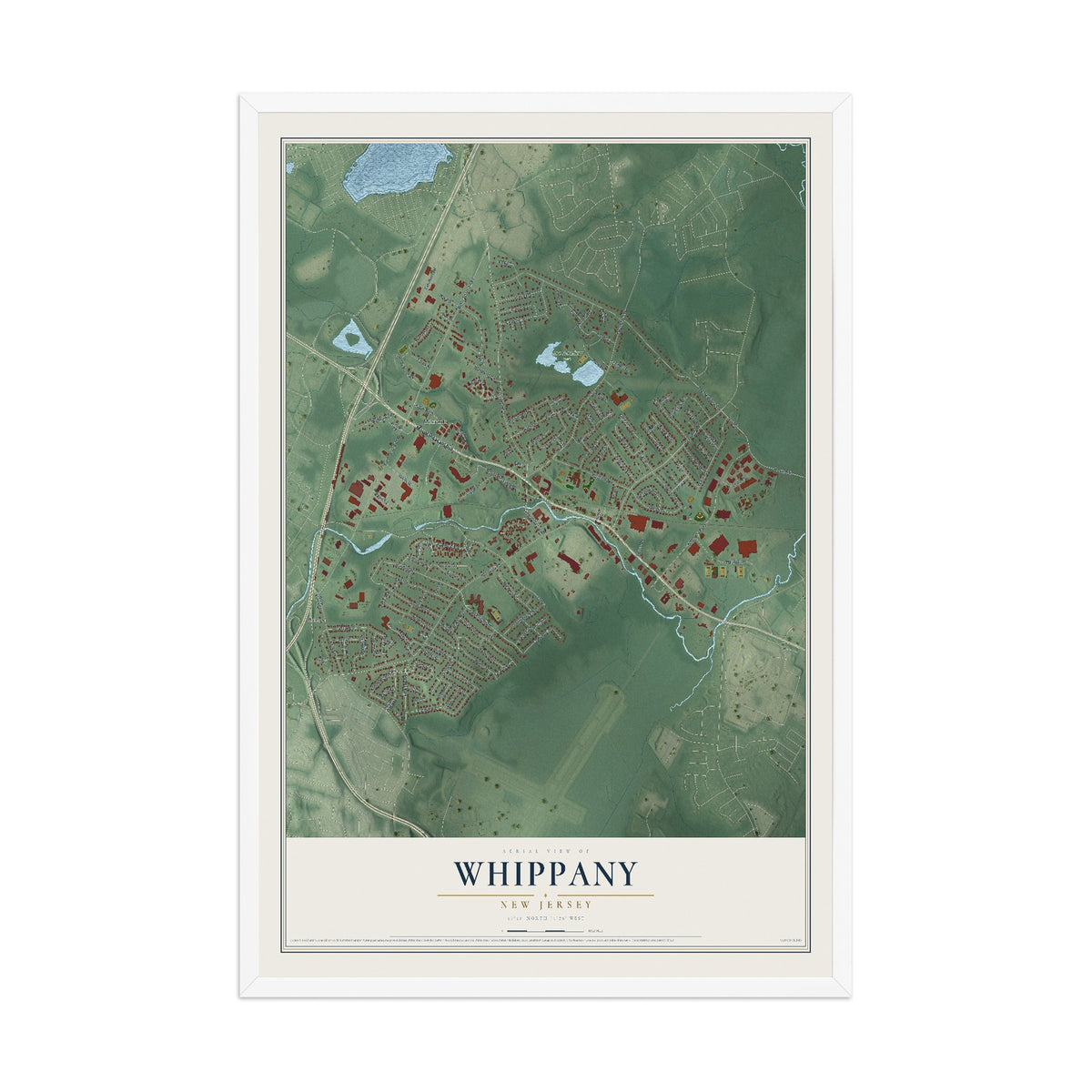 Whippany, New Jersey map print, 12" x 18" W/ White Ayous Wood Frame mockup