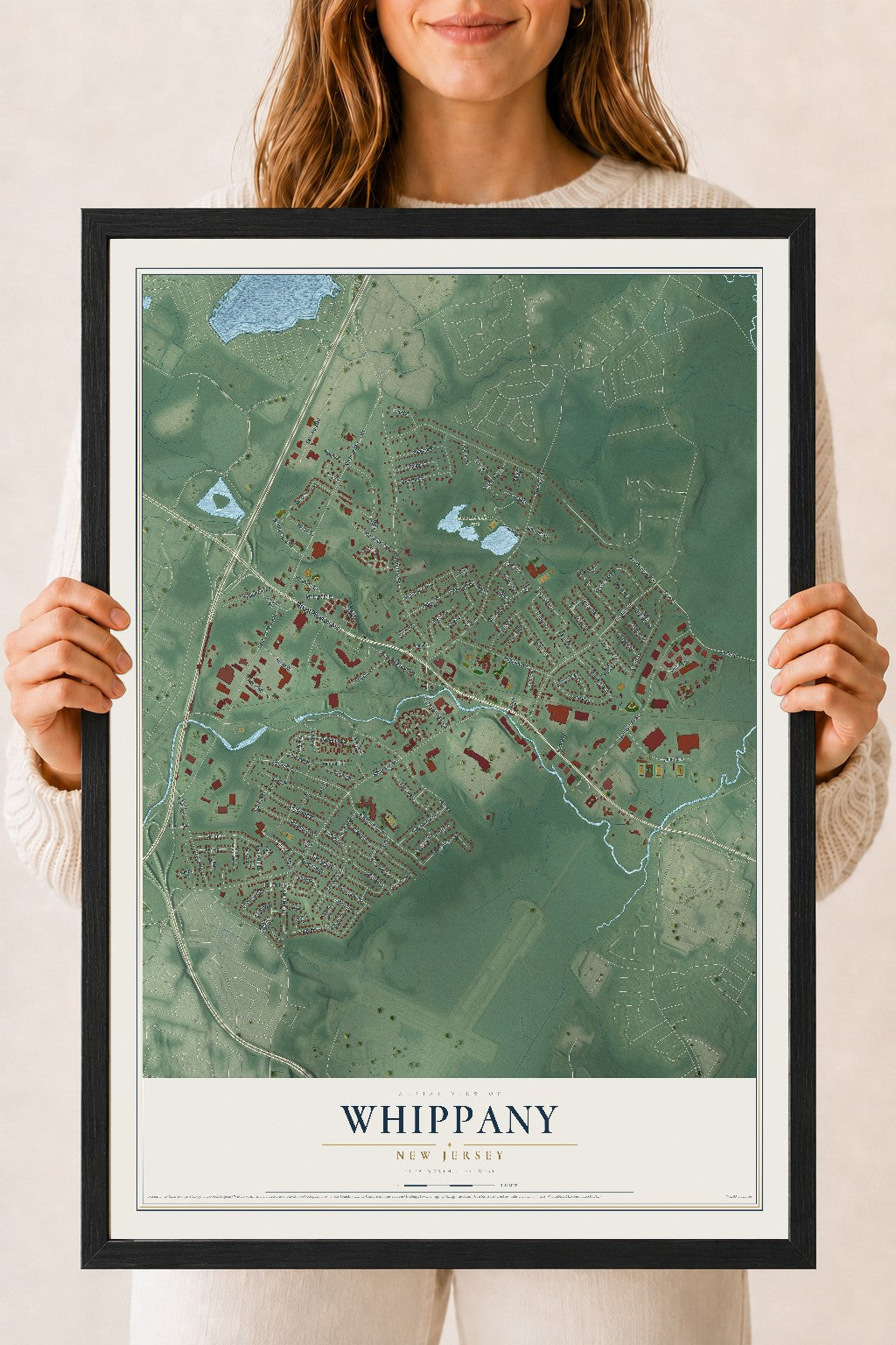 Whippany, New Jersey map print, 18" x 24" W/ Black Ayous Wood Frame mockup