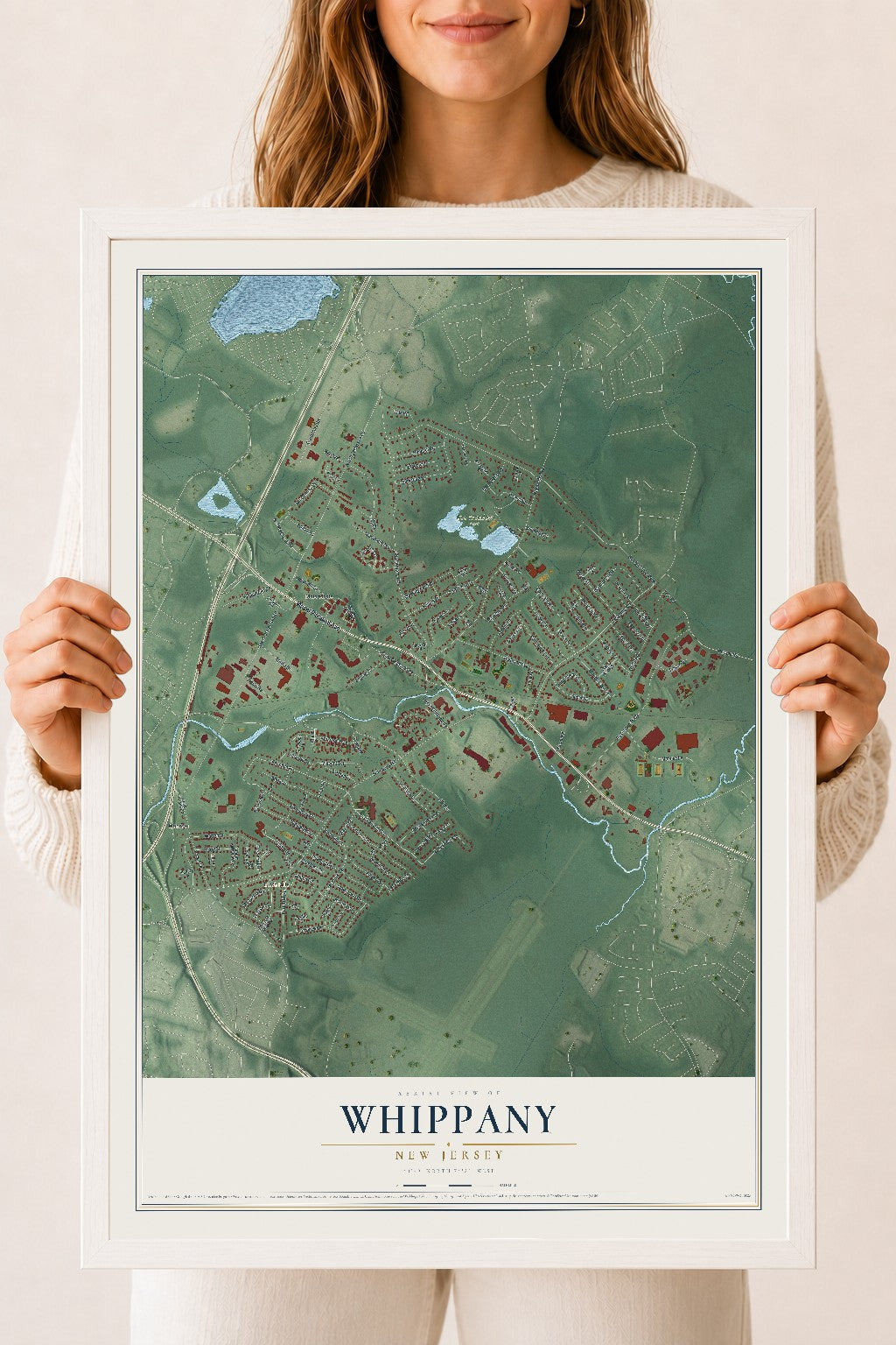 Whippany, New Jersey map print, 18" x 24" W/ White Ayous Wood Frame mockup